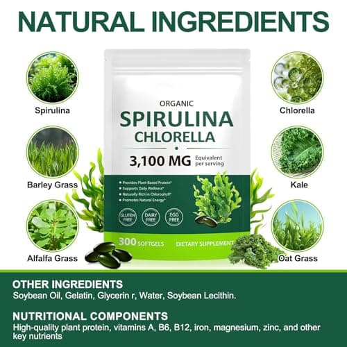 Tiuedu Spirulina Chlorella Softgels 300 Capsules, 17 in 1 Green Nutrient Blend Spirulina Chlorella Softgels,Rich in Plant Protein, Vitamins, Chlorophyll, Easy to Take Softgel view 3