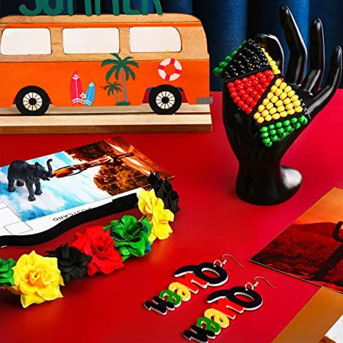 Hanaive 3 Pcs Jamaica African Jewelry Sets for Women,Black History Outfits for Women,Rasta Beaded Bracelet, Flower Crown Headband, Queen Dangle Earring in Rasta Color, Rastafari Pride Accessories view 4