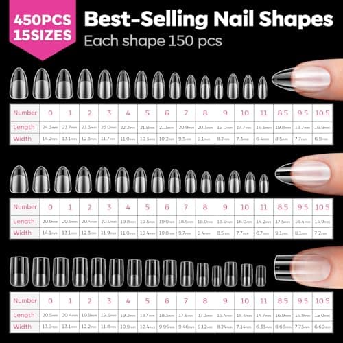 Modelones Medium & Short Almond & Short Square nail tips - Multi-type 3 Styles Set Gel Tips Half Matte Full Cover Clear Acrylic Gel Kit Fake Nails for Extension DIY Salon 450Pcs 15Sizes view 6