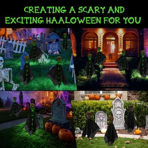 4 Pack Halloween Decorations Outdoor Solar Garden Lights, Solar Creepy Skull Path Lights, IP65 Waterproof 8 Modes Green Halloween Solar Lights Outdoor for Yard, Grave, House, Halloween Party view 6