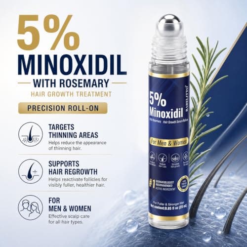 5% Minoxidil Hair Growth Serum Roll-On for Men & Women, Scalp Applicator for Hair Regrowth Treatment with Rosemary & Biotin, Fast-Absorbing Herbal Blend, Non-Greasy, Easy Dosage Control, 4x0.85 fl oz view 2