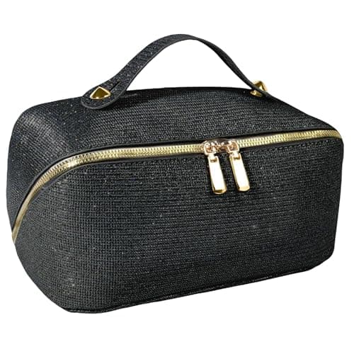 JeeVoya Makeup Bag for Women Large Capacity, Waterproof Travel Cosmetic Bag PU Leather Makeup Organizer with Dividers, Portable Toiletry Bag with Handle (Black) — image 1