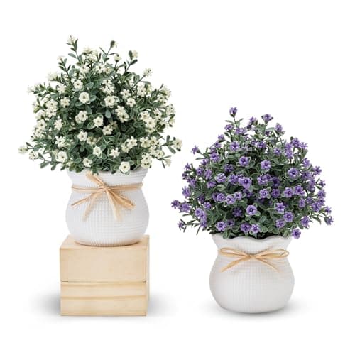 Fuxdre 2 Packs Small Fake Plants Mini Artificial Faux Plants with Flowers for Kitchen Office Home Room Farmhouse Bathroom Coffee Table Decor(Purple & White) — image 1