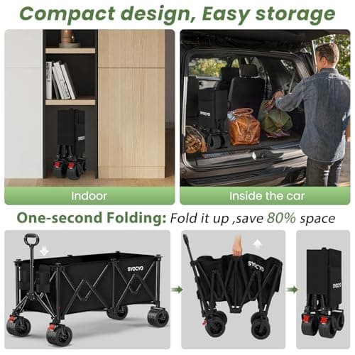 Beach Wagon Carts Foldable 580LBS Collapsible Wagon with Big All-Terrain Wheels for Sand 340L Heavy Duty Utility Carts with Cup Holders for Garden, Camping, Grocery, Black view 5