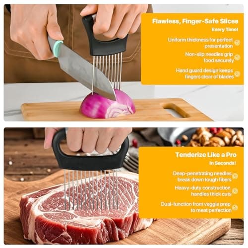 【2 PCS】Onion Holder for Slicing - Stainless Steel Vegetable & Fruit Cutter Chopper for Onions, Tomatoes, Avocados, Potatoes, Eggs, Meat & Lemon - Kitchen Slicer Assistant with Neat Guide & Tenderizer. view 5