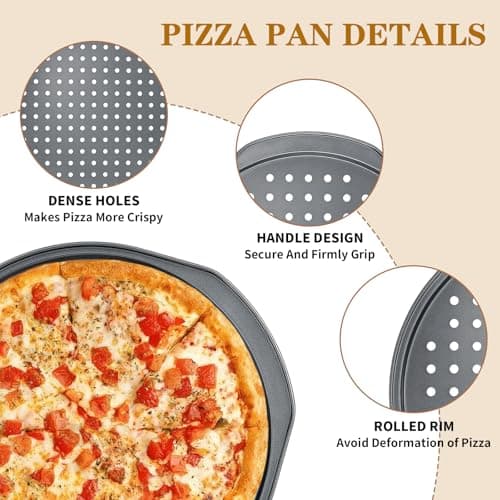 Bestdin 5Pcs Pizza Pan Set - 12 inch Pizza Pan with Holes, Non-stick, Pizza Oven Accessories with 2 Carbon Steel Round Pans, Pizza Cutter and 2 Gloves, Dishwasher Safe view 3