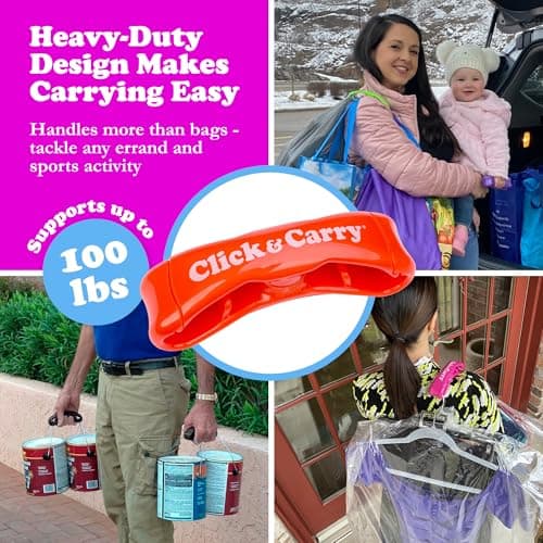 Click & Carry Grocery Bag Carrier Handle - Carry More in Fewer Trips, 100lb Capacity, Hands-Free, Gel-Padded Design, Shopping & Grocery Bag Holder - As Seen On Shark Tank, 2 Pack: 1 Blue & 1 Red view 3
