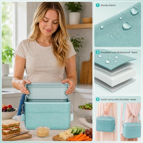 DaCool Adults Lunchbox Bento Box with Lunch Bag- 74 OZ All-in-One Stackable Lunch Box for Adults Kids Leakproof Bento Large Lunch Box Containers with Fork Spoon Sauce Box for Work School (Green) view 4