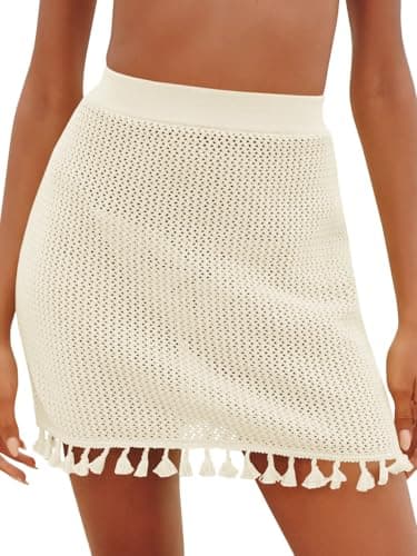 Fisoew Women's Crochet Swimsuit Cover Up Tassel Knit Hollow Out Bathing Suit Bikini Vacation Beach Summer Mini Skirts White