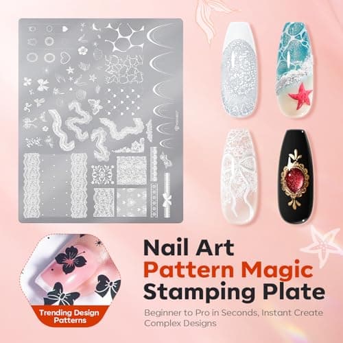 Modelones 16PCS Lace Nail Stamping Kit, French Tip Stamper White Black Painting Gel Polish Chrome Powder Proof Matte Gel Top Coat Gingham Template Dual Nail Art Brush Spring Manicure Gift for Women view 7