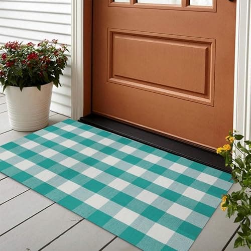 LYGLIGH Buffalo Plaid Rug, Green and White Outdoor Rug, 23.6"x51" Checked Rugs Washable, Cotton Front Door Mat Indoor, Low Pile, Fade Resistant, Pet-Friendly Area Rug for Kitchen, Farmhouse, Entryway view 7