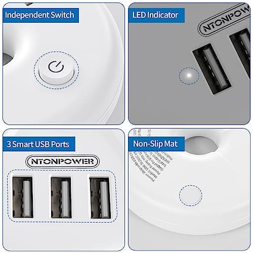 NTONPOWER Travel Power Strip, Cruise Approved Power Strip, Portable Power Strip Flat Plug - 3 Outlets with 3 USB Ports, 4 ft Travel Extension Cord for Cruise Accessories Must Haves, Travel Essentials view 5