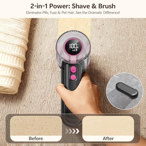 Rechargeable Fabric Shaver, 2-in-1 Lint Remover for Clothing, Furniture, Sweater with 6-Blade, 200ml Container, LED Display, 2000mAh USB-C, 3-Speed Lint Shaver Eliminates Fuzz & Pilling view 4