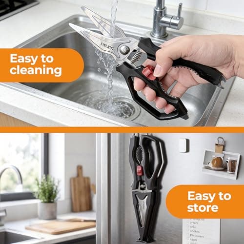 FINENUT Heavy Duty Kitchen Scissors with Peeler Sheath - Spring Loaded Poultry Shears for Chicken, Meat & Fish - Multipurpose Food Scissors with Safety Lock & Non-Slip Handle, Dishwasher Safe view 6