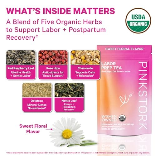 Pink Stork Organic Labor Prep Tea, Sweet Floral Flavor, 30 Cups | Red Raspberry Leaf, Chamomile + Rosehip, Caffeine-Free, Third Trimester Pregnancy Essential, 15 Sachets view 3