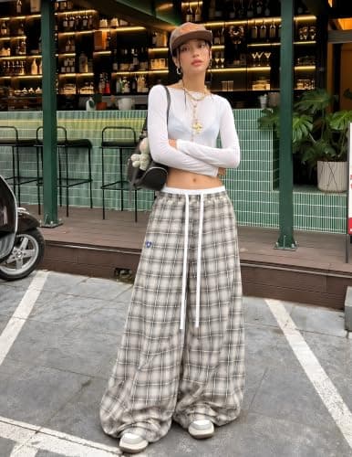 Aelfric Eden Plaid Baggy Sweatpants Women Double Waist Streetwear Y2K Unisex Casual Wide Leg Elastic Waist Trousers Pants view 2