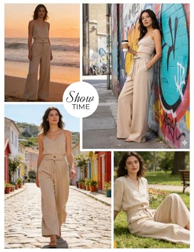 GRACE KARIN Linen Pants Women,Elastic High Waist Wide Leg Pants with Pockets,Comfy Beach Vacation Trousers view 4