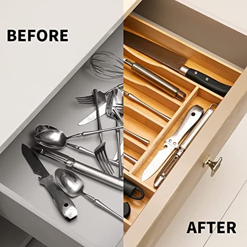 oridom Expandable Bamboo Kitchen Drawer Organizer for Cutlery and Utensils, Adjustable Bamboo Wood Cutlery Tray in Drawer for Flatware and Silverware in Kitchen, (Natural) view 5