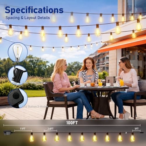 100FT Outdoor String Lights with Remote & Dimmable, 35+1 Shatterproof Waterproof Bulbs, Dimmable Outside Hanging Patio Lights for Backyard, Porch, Deck, Garden 2700K Warm White view 4