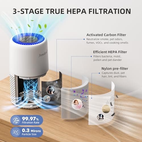 Air Purifier for Home Bedroom, AromaRoom H13 HEPA Air Filter For Smoke Pollen Dander Hair Smell Air Cleaner, 3-in-1 Filter with Sleep Mode, Quiet Air Cleaner For Pets, Home, Baby Room (White) view 3