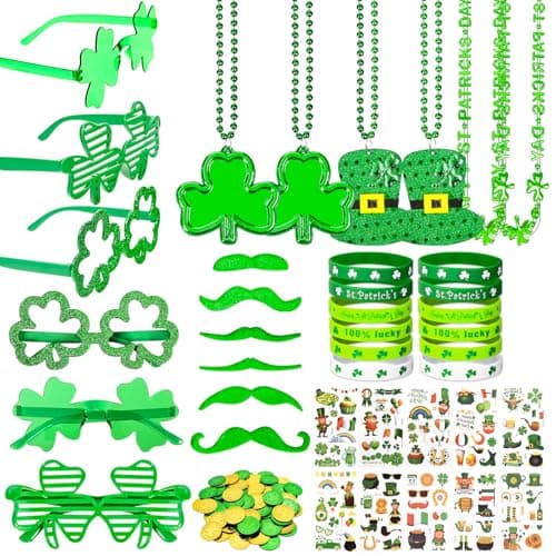 160Pcs St. Patrick's Day Party Favor Set, St Patricks Day Decorations with Shamrock Glasses, Necklaces, Bracelets, Tattoo Stickers, Mustaches, Lucky Coins for Irish Accessories Party Supplies