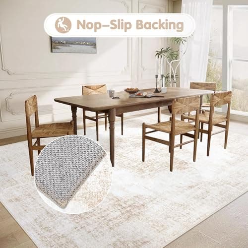 Area Rug 5x7 Vintage Rug: Washable Living Room Rugs Retro Medallion Distressed Large Rugs Soft Low Pile Non-Slip Indoor Floor Carpet for Bedroom Kitchen Nursery Dining Table Office (Beige, 5'x7') view 5