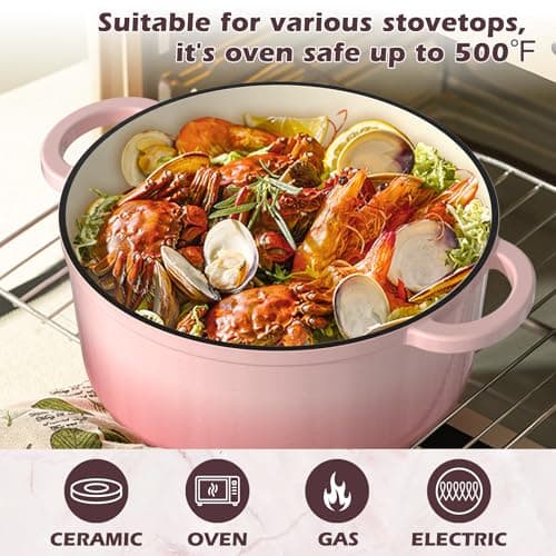 Umite Chef 5QT Enameled Cast Iron Dutch Oven Pot with Lid, Heavy-Duty Cookware for Bread Baking, Braising, Stews, Roasting, Wedding Registry Ideas & Gifts (Pink) view 5