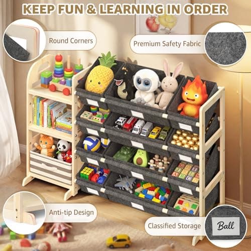HONGDDY Toy Storage Organizer with 3 Shelves and 12 Bins, Bookshelf/Bookcase, Kids Bin Shelf, Toys Box for Playroom Organization for Bedroom & Room view 5