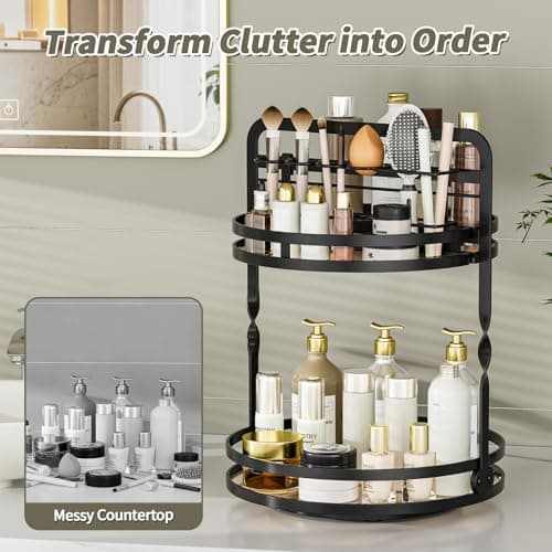 360° Rotating Makeup Organizer, 2-Tier Black Perfume Organizer for Dresser, Bathroom Organizers Countertop, Perfume Shelf with Makeup Brush Holder, Skincare Holder Cosmetic Display(Black) view 7