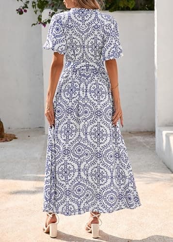 KIRUNDO Women Spring Summer Wedding Guest Boho Floral Maxi Dress Puff Sleeve Button Shirt V Neck Flowy Beach Vacation Dress view 2