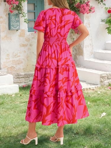 Wenrine Womens Summer Short Sleeve Maxi Dresses Casual Floral V Neck Smocked Tiered Flowy Boho Beach Sundress view 5