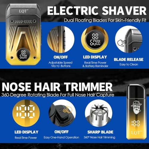 Hair Clippers for Men with LED Power Display, 4-Piece Professional Grooming Kit with Hair Clipper, Detail Trimmer, Foil Shaver & Nose Trimmer, Complete Cordless Set for Home Barber Use (Black Gold) view 3