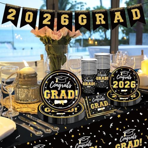 Graduation Decorations 2026 Disposable Black Graduation Tableware Kit for 25 Guests Plates Napkins Cups Tablecloth Hanging Graduation Party Decorations 2026 view 2