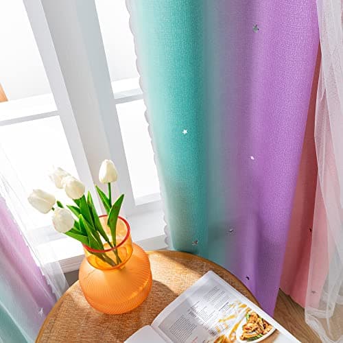 XiDi Curtains for Girls Bedroom Decor, Rainbow Blackout Curtains for Kids/Little Girl Room Decor, Unicorn Wall Decals,Pink Purple Green,63 x 34 inches,1 Panel view 3