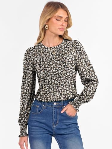 Prinbara Long Sleeve Shirts for Women 2025 Fall Tops Floral Print Pleated Dressy Casual Blouses view 3
