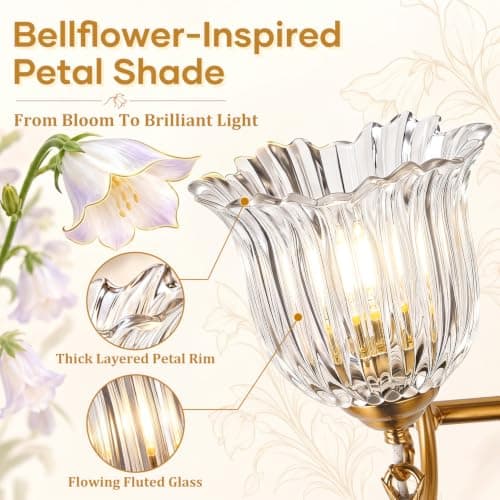 3-Light Bathroom Vanity Light for Bathroom, Brushed Gold Bathroom Light Fixtures with Ribbed Clear Bellflower Glass Shade, Vanity Lighting Fixtures Over Mirror for Bedroom Living Room Hallway Cabinet view 5