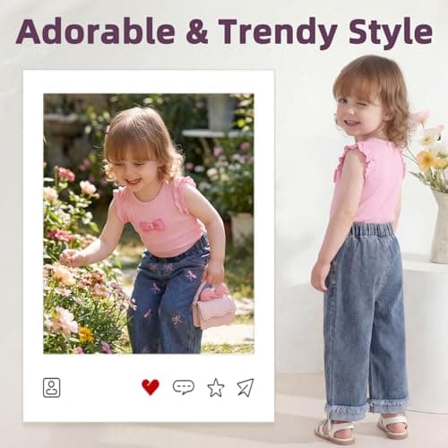 vfvBaby Toddler Baby Girl 2 Piece Outfits Pink Ruffle Sleeve Bow Top & Bow Print Denim Jeans Set Cute Casual Summer Clothes view 5
