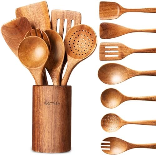 Wooden Spoons for Cooking - 8-Piece Wooden Kitchen Utensil Set made of Natural Solid Wood Material-Includes Spoons,Spatulas,Ladles,Mixing Spoon and Utensil Holder,Holiday Gifts — image 1
