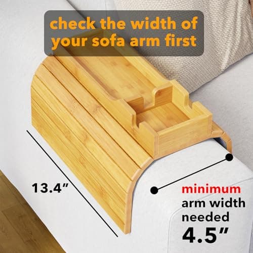 SpaceAid Bamboo Couch Cup Holder, Anti Falling Foldable Sofa Armrest Tray with Cup Holder, Couch Arm Side Table Organizer for Drink Cup Remote Snacks (Natural) view 2