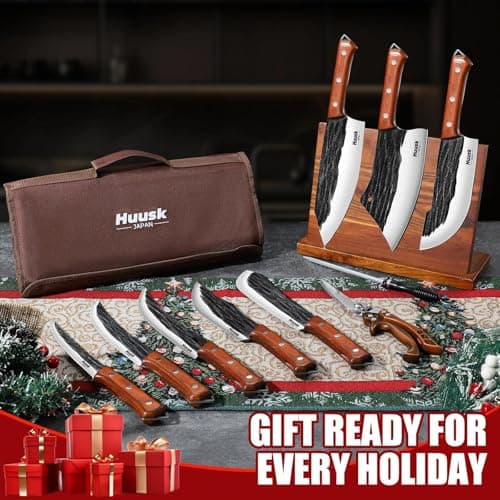 Huusk Butcher Knife Set, 10-Piece Hand Forged Chef Knife Set with Bag | Sharp Meat Cleaver & Bbq Carving Knives & Boning Breaking Knives for Kitchen & Camping, Gifts for Men Women view 5