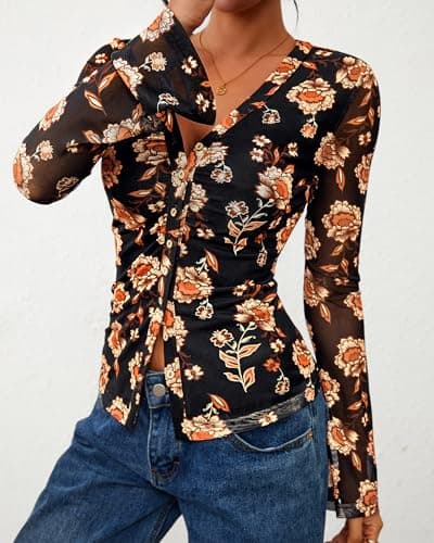 BTFBM Button Down Shirts for Women 2026 Spring Boho Tops V Neck Long Sleeve Blouses Ruched Mesh Fitted Fashion Clothing view 5