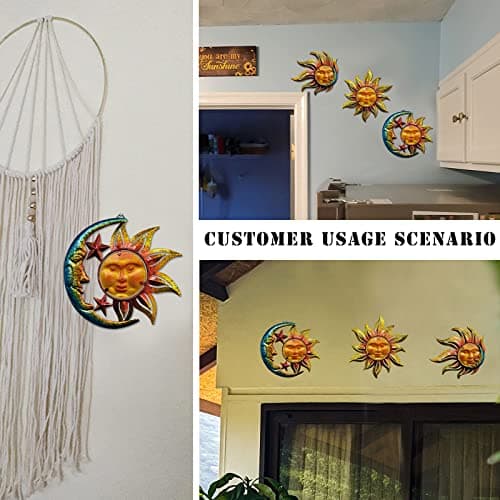 Home Wall Decor Living Room of Glass Sunface, Home Decor Wall Hanging Decor Metal Wall Art, Wall Decorations Boho Wall Decor, Garden Decor Farmhouse Decor Outdoor Decor for Patio, 3 Sets 9 inch Large view 5