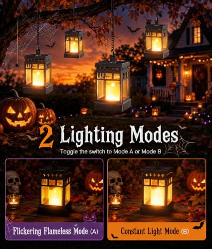 KOOPER Halloween Decorations Solar Lanterns, 2 Modes with Flickering Candle | Flickering Flameless Mode & Constant Light Mode, Hanging Solar Lantern Waterproof for Halloween Decor, Patio, Yard and Tree view 2
