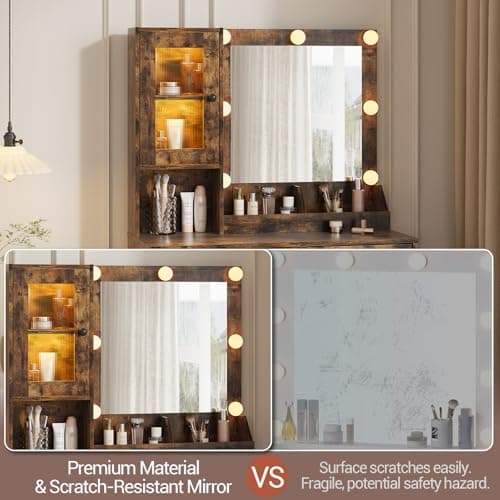 Garvee Vanity Desk with Mirror & Lights – Adjustable RGB & White Lighting – 2 Acrylic-Door Cabinets, 2 Open Shelves, Drawers, Built-in Power Outlet & USB Ports – Makeup Vanity Table for Bedroom view 6