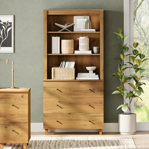 WAMPAT 71" Tall Bookcase with 3 Drawers & Open Shelves, Modern 3-Tier Bookshelf with Adjustable Shelf, Floor Standing Wooden Display Book Shelf for Home Office, Living Room, Bedroom, Oak Brown view 3