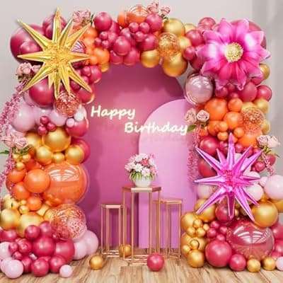 154Pcs Pink and Orange Balloon Arch Kit with Flower Foil & 2 Star Balloons for Bachelorette Party, Birthday, Wedding, Baby Shower – Pink and Orange Theme Party Decorations