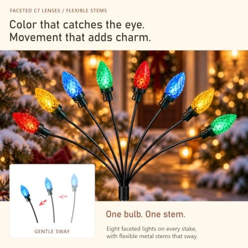 C7 Solar Christmas Decorations Outdoor, Vintage Solar Pathway Stake Lights | Set of 8 Upgraded Base on Solar Firefly Swaying Lights, 8 Lights Modes Waterproof Landscape Xmas Decor for Garden, Yard, Lawn view 4