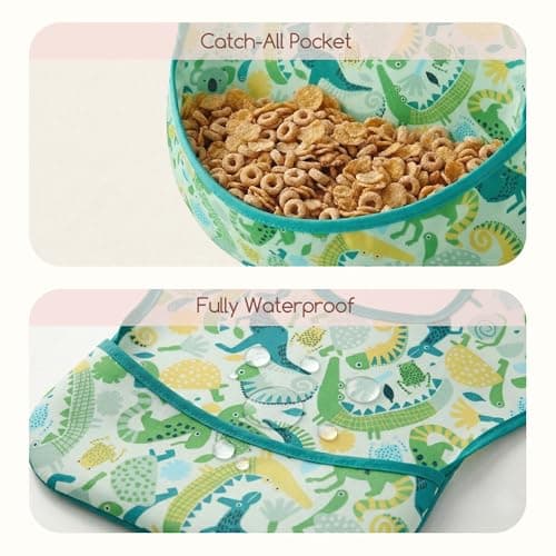CIVARUA KIDS 3-Pack Waterproof Baby Bibs for Eating - Mess Proof Lightweight Toddler Feeding Bibs with Large Food Catcher, Food-Grade Baby Eating Essentials, Easy to Put On & Clean(Green Animals) view 4