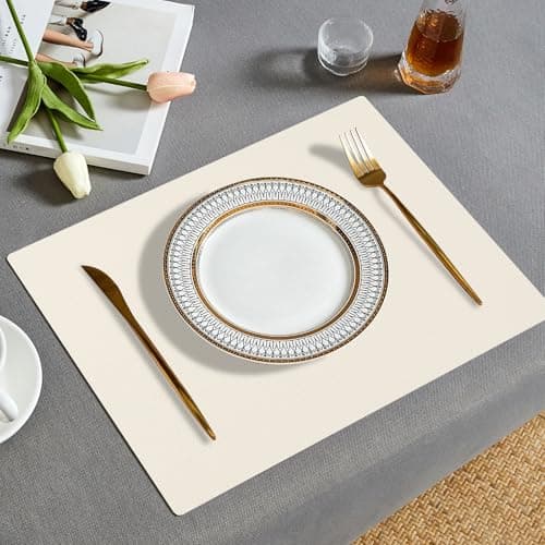 Boobezeen Faux Leather Placemats Set of 6, Heat Resistant Wipeable Washable Vinyl Place Mats, Waterproof Anti-Slip Dining Table Mats, Suitable for Indoor & Outdoor Use (Ivory White) view 2