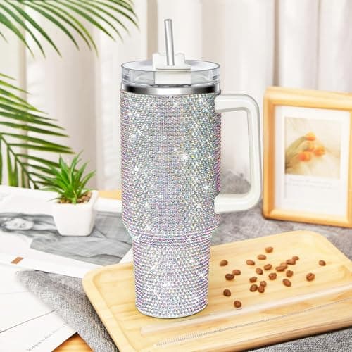 HWISDMIG 40oz Tumbler with Handle-Glitter Rhinestones Tumbler Bling Cups Stainless Steel Water Bottle Diamond Studded Tumbler for Women-Birthday Gifts for Women, Mom, Wife, Girlfriend (40 oz, Shiny) view 2